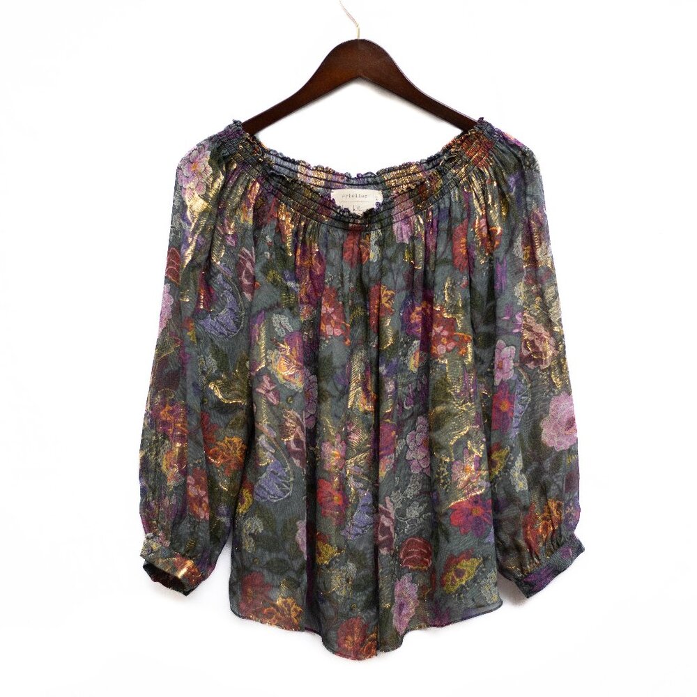 Nicole Miller Artelier M Silk Floral Boho Top Gold Metallic Off-Shoulder Blouse - Picture 2 of 11